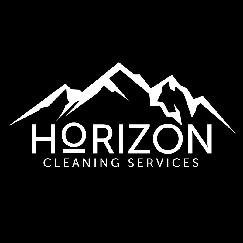 HCS logo, a white mountain silhouette on a black background with the words Horizon Cleaning Services under it in white.